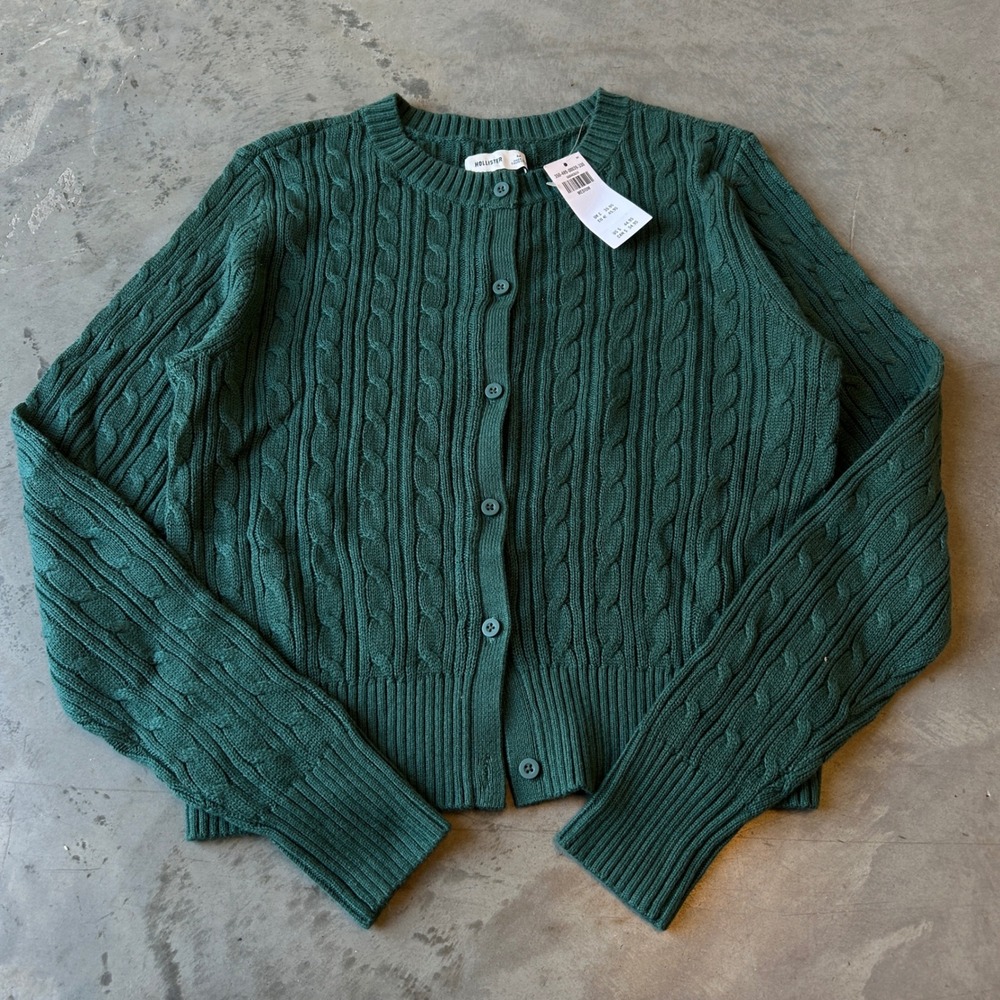 Hollister Womens Cable Knit Cardigan Sweater Forest Green Button Front NWT M